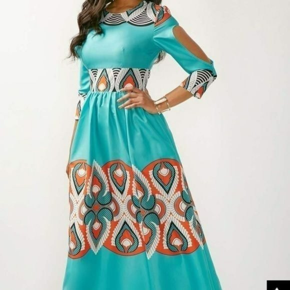 Beautiful abstract Teal summer maxi dress With Cold Shoulder Sleeves Size XL - Picture 1 of 10